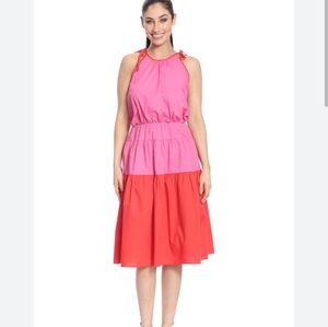 London Times Color Block Shoulder tie Halter A-line Dress XL